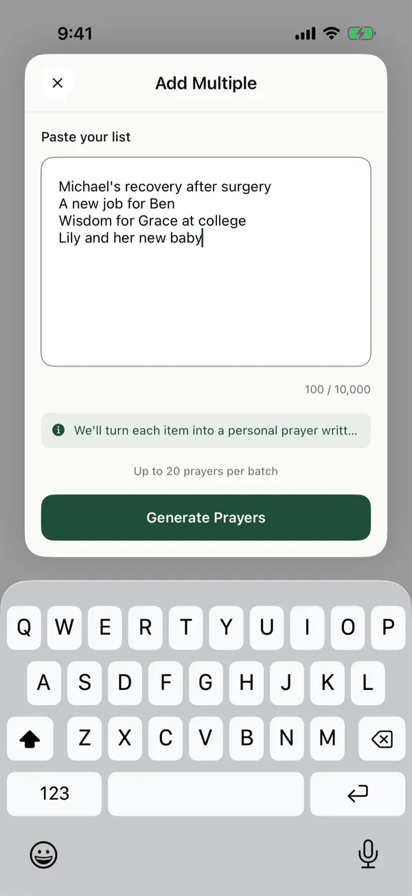 The Add Multiple screen with four prayer requests pasted in