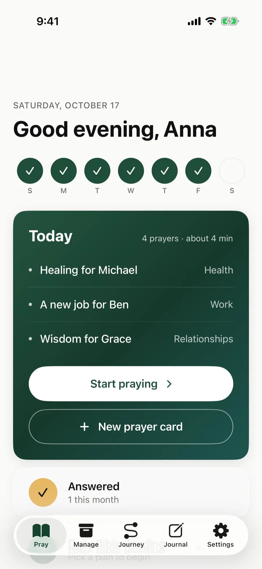 Today with dots across the top for the days prayed this week