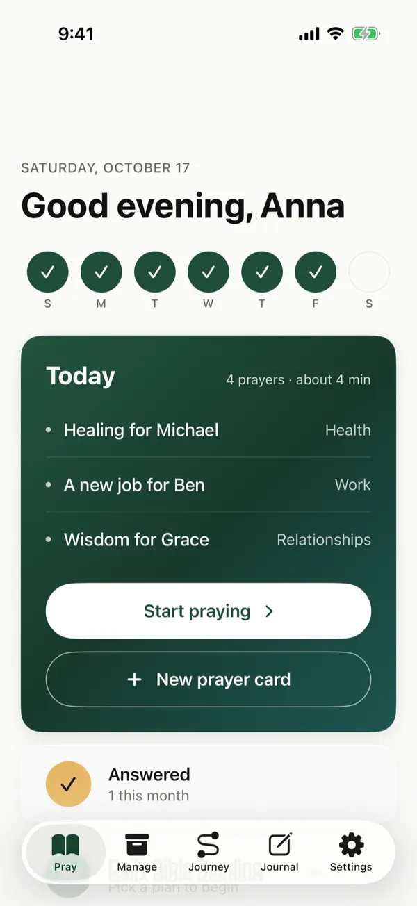 Home with six prayer days checked this week and Today listing four prayers