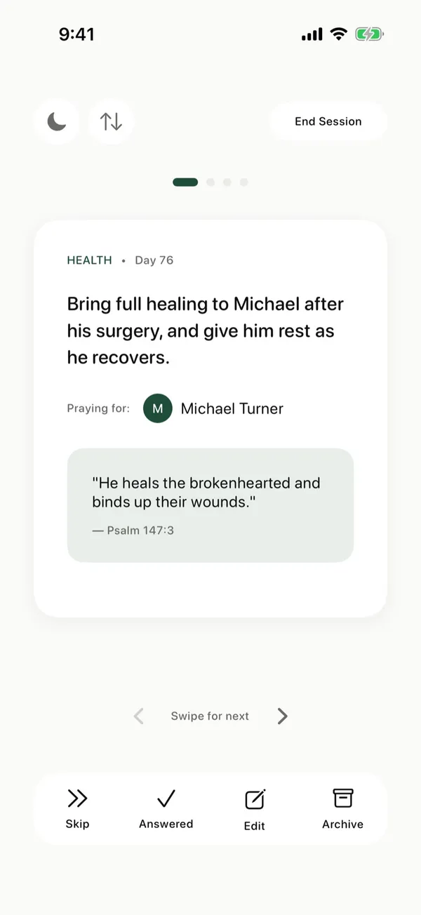 A prayer card for Michael's healing after surgery, with Psalm 147:3