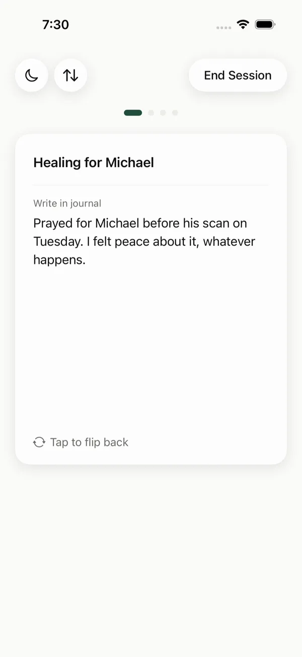 A flipped prayer card with a journal note about praying for Michael