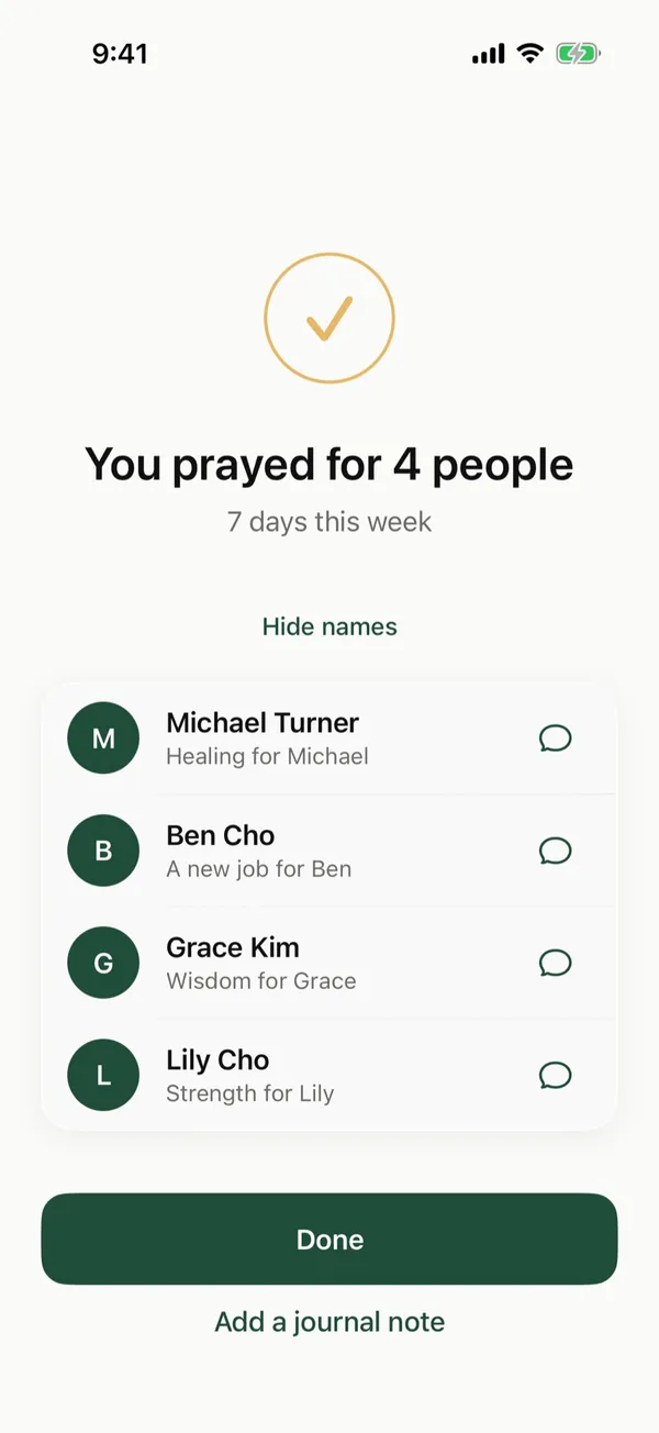 You prayed for 4 people, with a message button next to each name