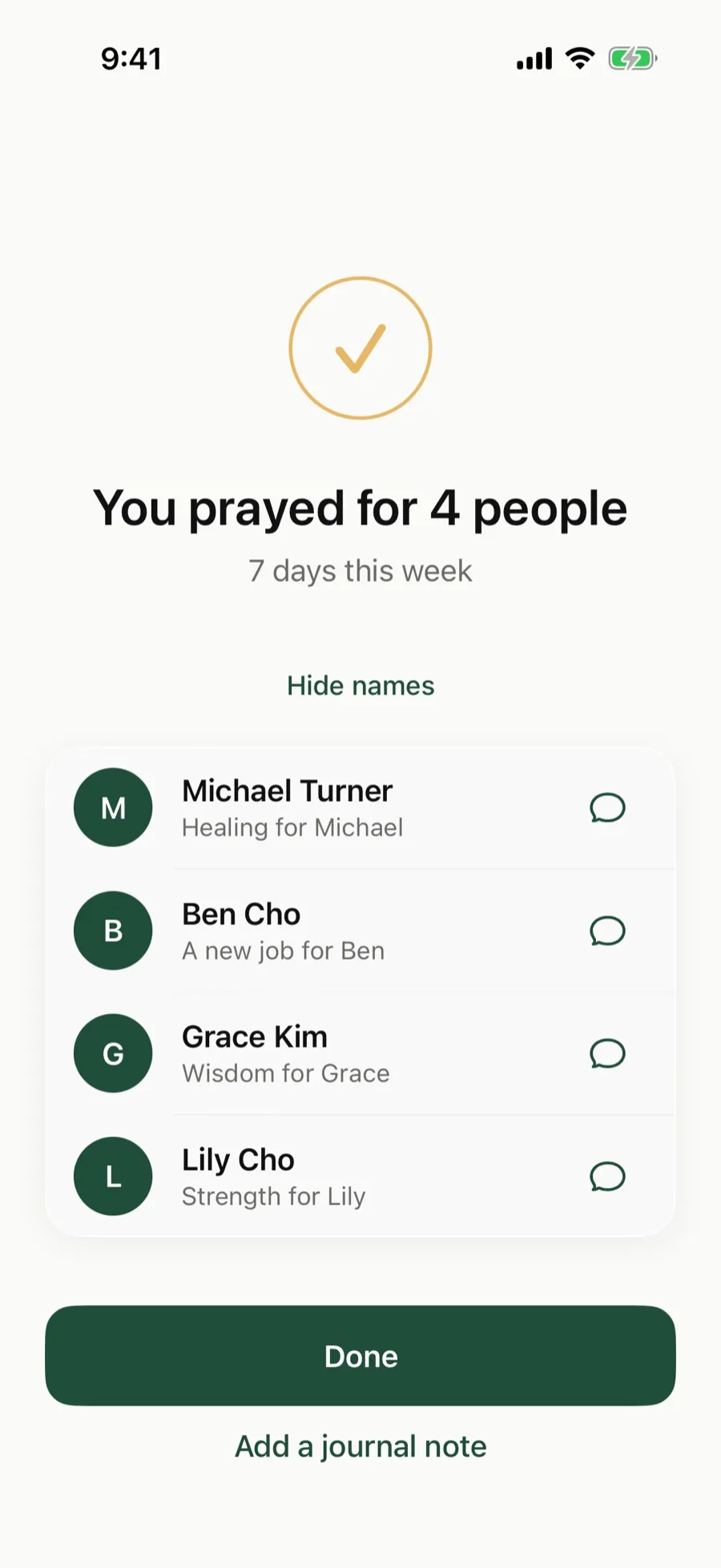 You prayed for 4 people, with a message button next to each name