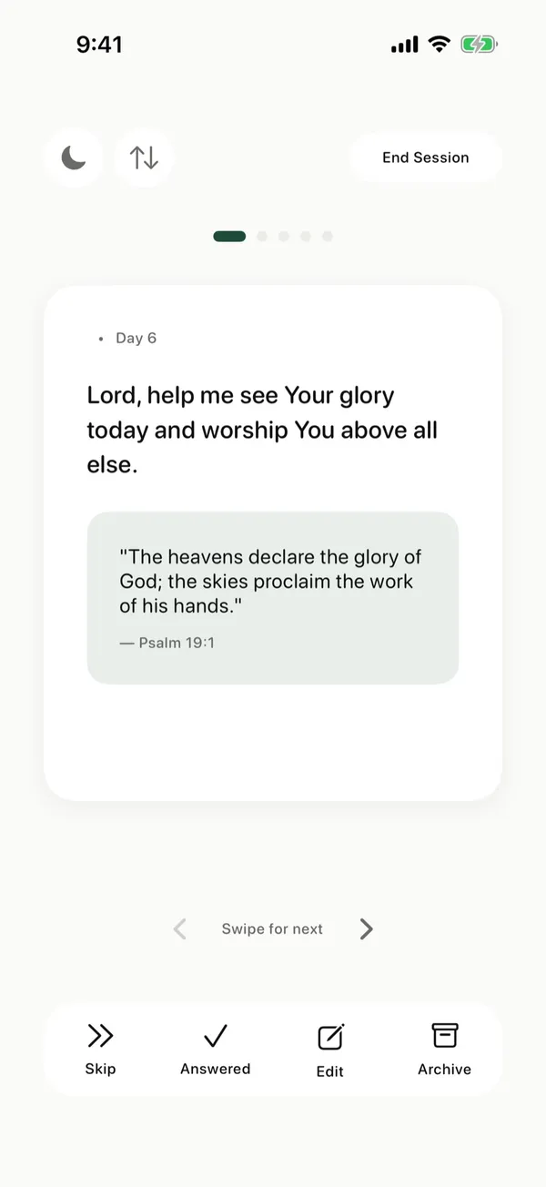 A prayer card during a session, with Skip, Answered, Edit, and Archive buttons under it