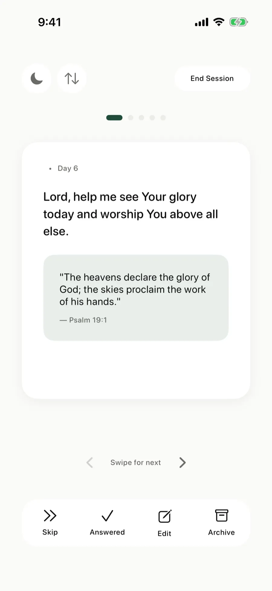 A prayer card during a session, with Skip, Answered, Edit, and Archive buttons under it