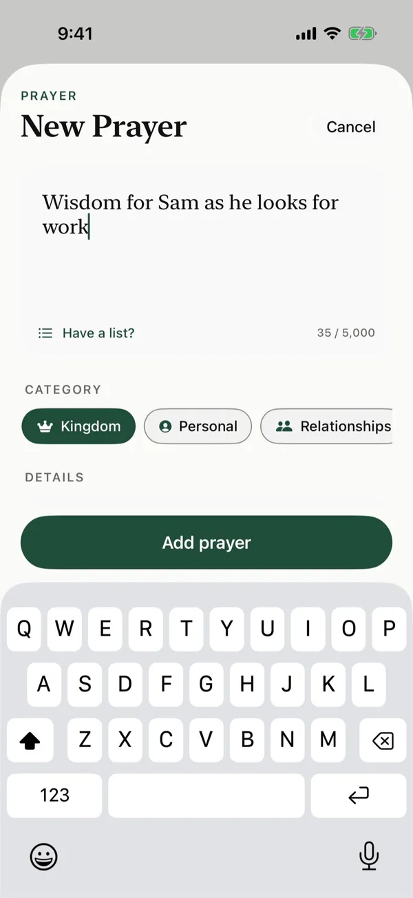 The New Prayer screen with a prayer typed in and the Kingdom category selected
