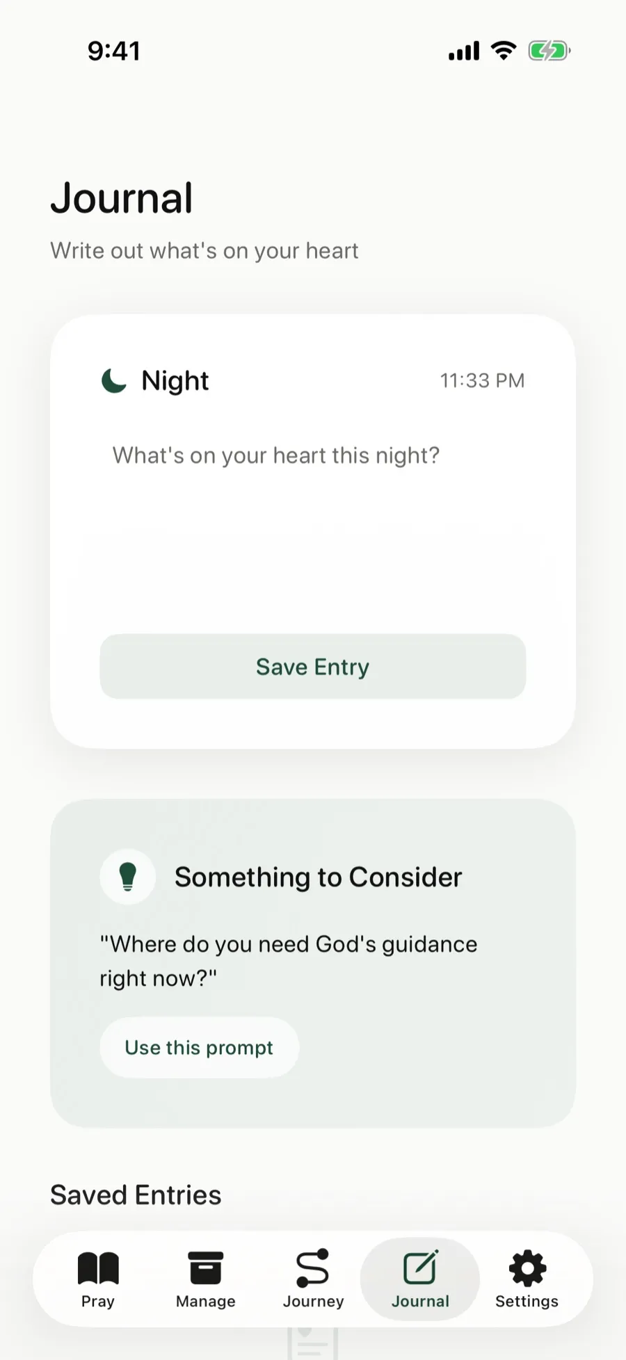 The Journal screen with a place to write and a prompt under Something to Consider