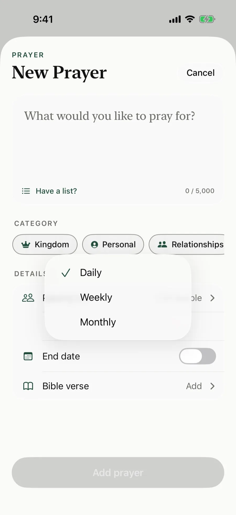 The Repeat menu with Daily, Weekly, and Monthly