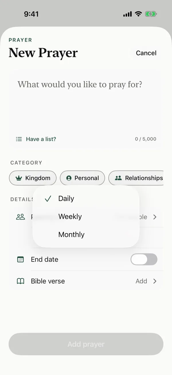 The Repeat menu with Daily, Weekly, and Monthly