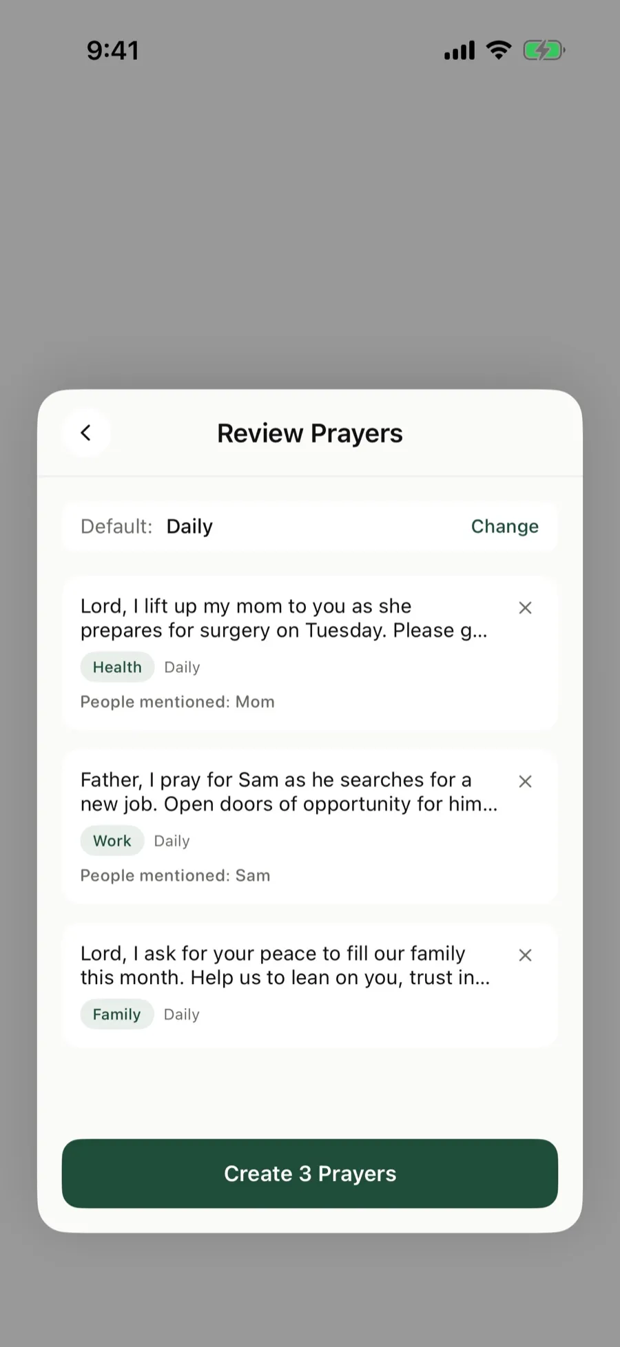 Review Prayers with drafted prayer cards, each with a category and the people it mentions