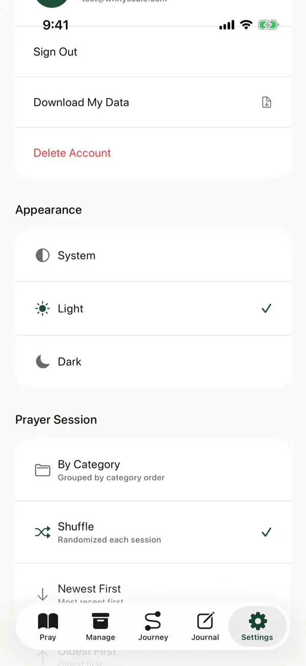 The Account section in Settings with Delete Account