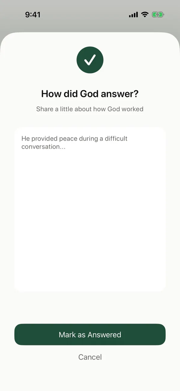 The How did God answer? screen with a place to write and a Mark as Answered button