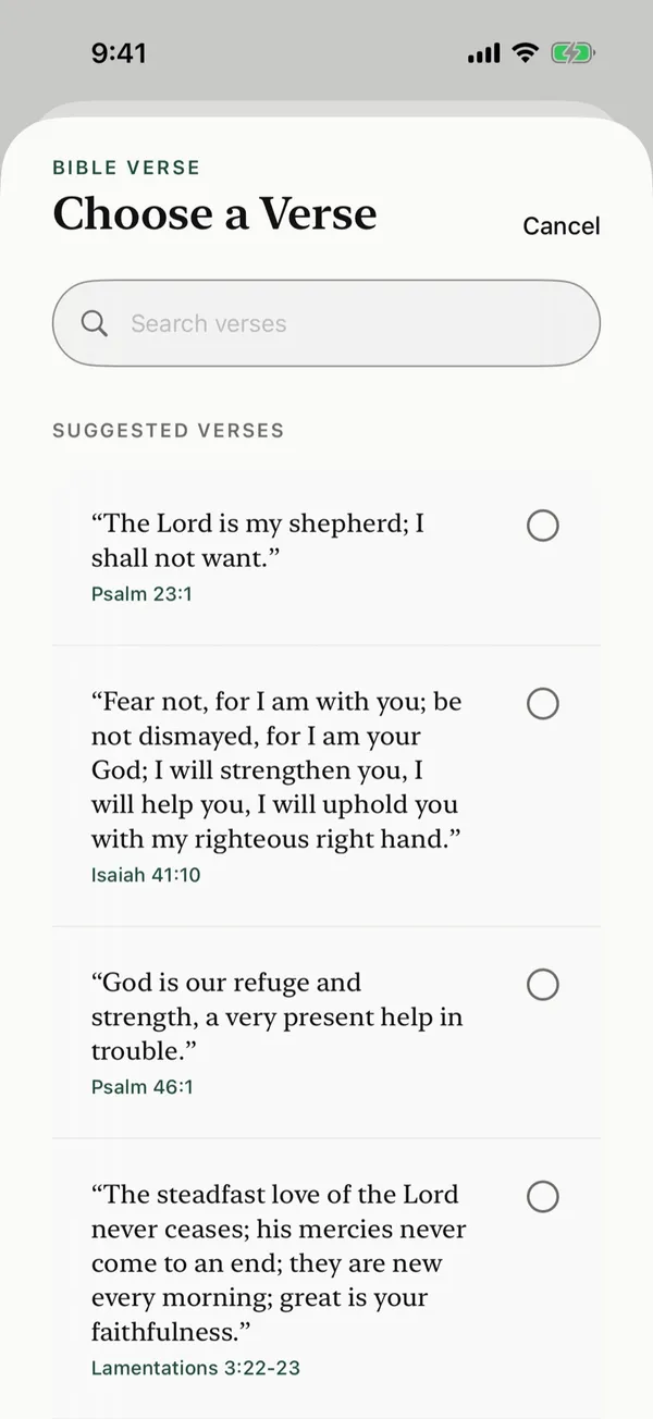 The Choose a Verse screen showing suggested verses